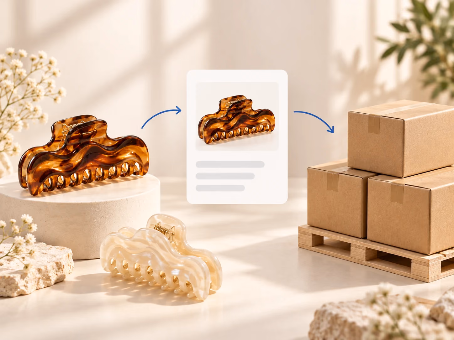 An amber wavy claw clip connects to its matching order thumbnail and a pallet of shipping cartons